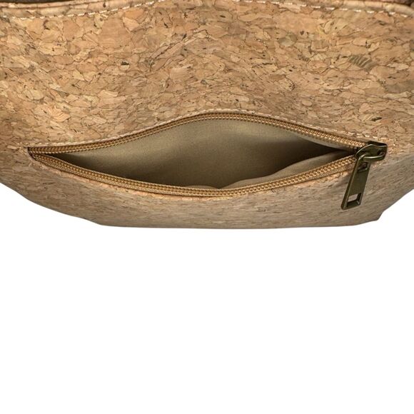 Natural Cork Shoulder Tote Bag With Tropical Leaf Print & Zipper Pockets - Picture 10 of 12